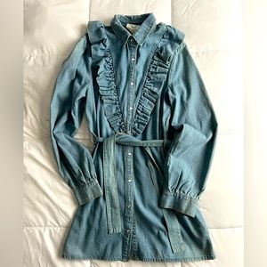 Fantastic Fawn Denim Ruffle Snap Up Dress sz M